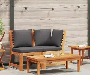 Set mobilier de grădină, 3 piese, perne gri închis, lemn acacia