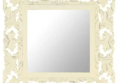 Oglindă sculptată manual, alb, 50x50 cm, lemn masiv mango - 1/5