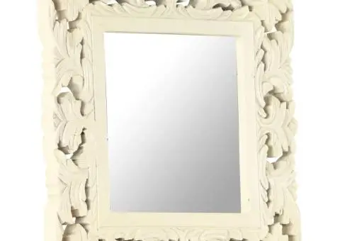 Oglindă sculptată manual, alb, 50x50 cm, lemn masiv mango - 2/5