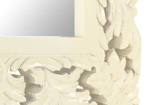 Oglindă sculptată manual, alb, 50x50 cm, lemn masiv mango - 4/5