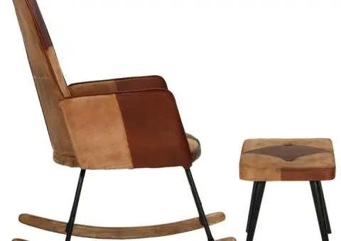 Scaun balansoar cu taburet, maro, piele naturală și pânză - 3/5