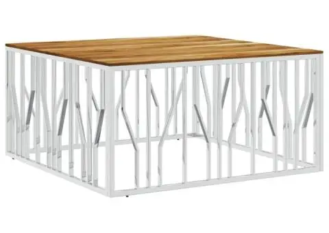 Măsuță de cafea, argintiu, oțel inoxidabil și lemn masiv acacia - 2/5