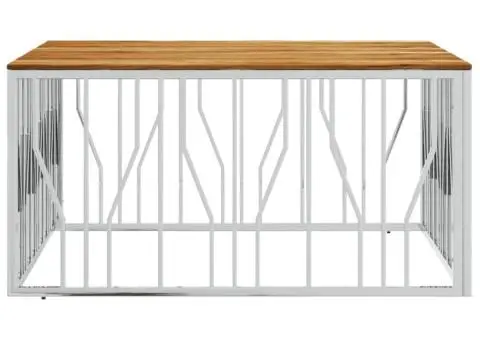 Măsuță de cafea, argintiu, oțel inoxidabil și lemn masiv acacia - 3/5