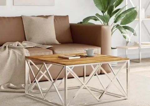 Măsuță de cafea, argintiu, oțel inoxidabil și lemn masiv acacia - 1/5