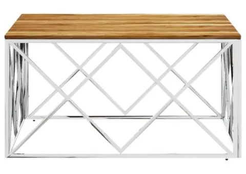 Măsuță de cafea, argintiu, oțel inoxidabil și lemn masiv acacia - 3/5