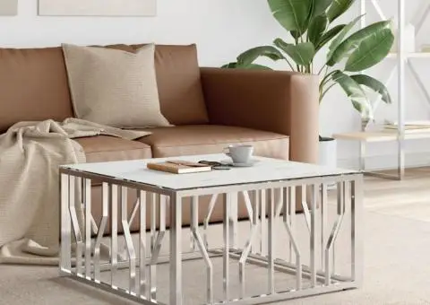 Masă de cafea, argintiu, 80x80x40 cm, oțel inoxidabil și sticlă - 1/5