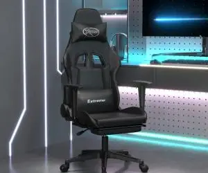 Scaun de gaming cu suport picioare, negru, piele ecologică