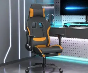 Scaun de gaming cu suport picioare, negru și oranj, textil