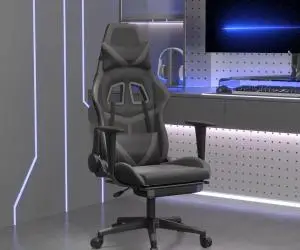 Scaun de gaming cu suport picioare, negru/gri, piele ecologică