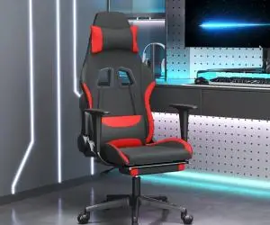 Scaun de gaming cu suport picioare, negru și roșu, textil