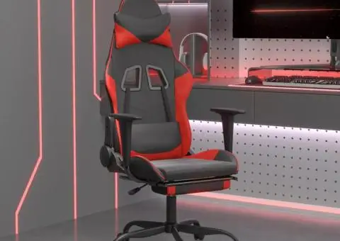 Scaun de gaming cu suport picioare, negru/roșu, piele ecologică - 1/5