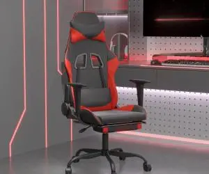 Scaun de gaming cu suport picioare, negru/roșu, piele ecologică