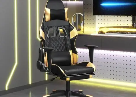 Scaun de gaming cu suport picioare negru/auriu, piele ecologică - 1/5