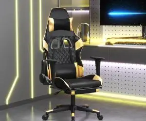 Scaun de gaming cu suport picioare negru/auriu, piele ecologică