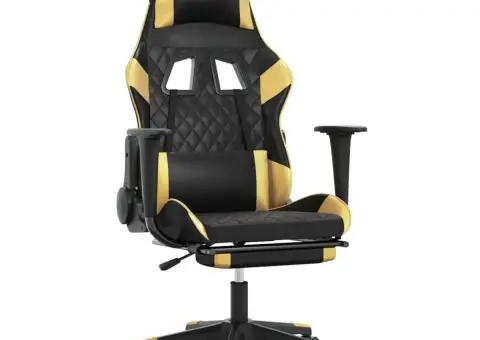 Scaun de gaming cu suport picioare negru/auriu, piele ecologică - 2/5