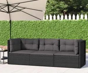 Set mobilier de grădină cu perne, 3 piese, negru, poliratan