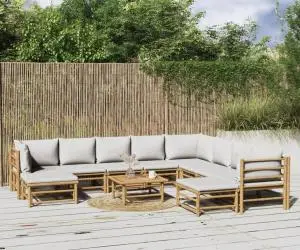 Set mobilier de grădină cu perne gri deschis, 11 piese, bambus