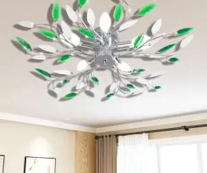 Plafoniera verde/albă, cu brațe frunze cristal acrilic, 5 becuri E14
