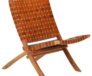 Scaun pliant împletit, maro, piele naturală