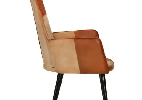 Scaun cu spătar înalt, maro și crem, piele naturală - 4/5