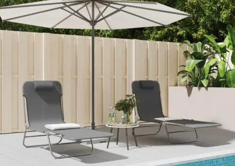 Șezlonguri pliante, 2 buc., textilenă gri și oțel - 1/5