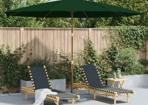 Umbrelă de soare de exterior, stâlp din lemn, verde, 350 cm - 1/5