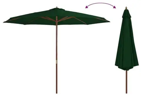 Umbrelă de soare de exterior, stâlp din lemn, verde, 350 cm - 3/5