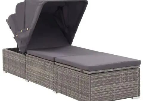 Șezlong cu copertină și pernă, gri, poliratan - 2/5