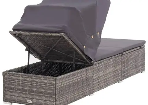 Șezlong cu copertină și pernă, gri, poliratan - 5/5