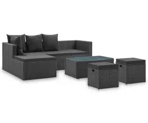 Set mobilier de grădină cu perne, 4 piese, negru, poliratan