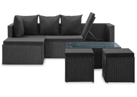 Set mobilier de grădină cu perne, 4 piese, negru, poliratan - 2/5