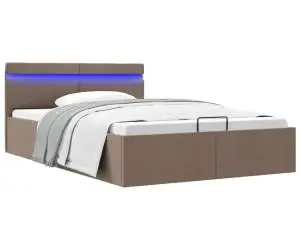 Cadru pat hidraulic cu ladă și LED gri taupe 140x200 cm textil