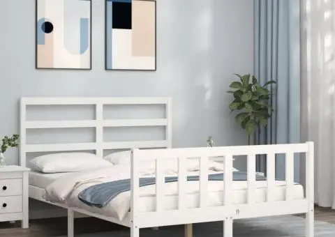 Cadru de pat cu tăblie, dublu, alb, lemn masiv - 1/5