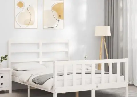 Cadru de pat cu tăblie, dublu, alb, lemn masiv - 4/5