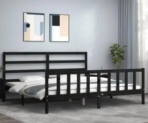 Cadru pat cu tăblie 200x200 cm, negru, lemn masiv