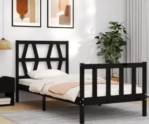 Cadru de pat cu tăblie Small Single, negru, lemn masiv