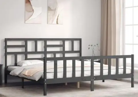 Cadru pat cu tăblie 200x200 cm, gri, lemn masiv - 1/5