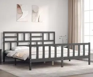 Cadru pat cu tăblie 200x200 cm, gri, lemn masiv