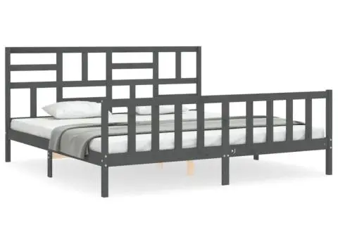 Cadru pat cu tăblie 200x200 cm, gri, lemn masiv - 2/5