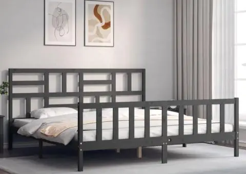 Cadru pat cu tăblie 200x200 cm, gri, lemn masiv - 3/5