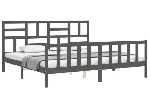 Cadru pat cu tăblie 200x200 cm, gri, lemn masiv - 4/5