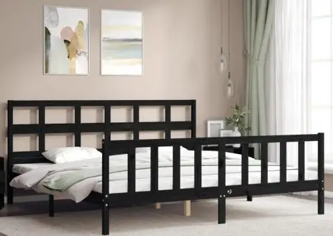 Cadru de pat cu tăblie Super King Size, negru, lemn masiv - 3/5