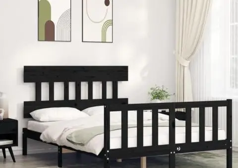Cadru de pat cu tăblie dublu, negru, lemn masiv - 1/5