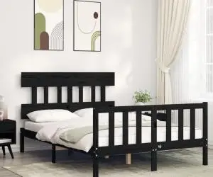 Cadru de pat cu tăblie dublu, negru, lemn masiv