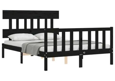 Cadru de pat cu tăblie dublu, negru, lemn masiv - 4/5