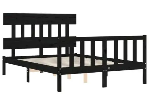 Cadru de pat cu tăblie dublu, negru, lemn masiv - 5/5