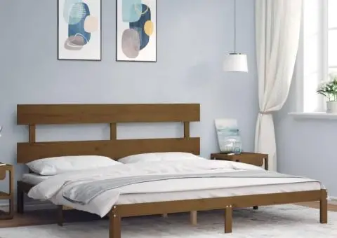 Cadru pat cu tăblie, maro miere, 200x200 cm, lemn masiv - 1/5