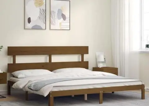 Cadru pat cu tăblie, maro miere, 200x200 cm, lemn masiv - 3/5