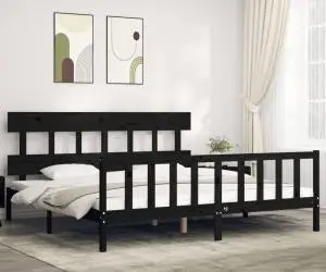 Cadru de pat cu tăblie Super King Size, negru, lemn masiv