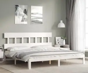Cadru de pat cu tăblie Super King Size, alb, lemn masiv